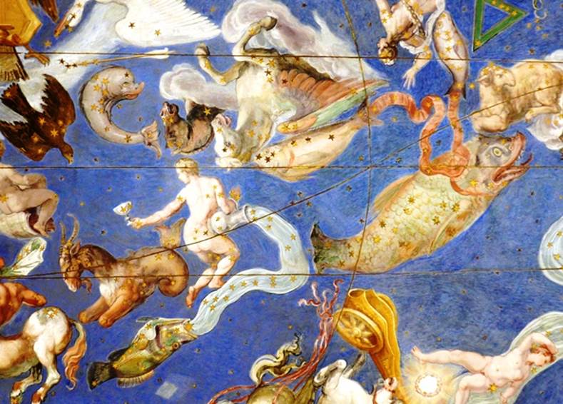 Fomalhaut issuing forth from the mouth of the “parent fish” (lower l/h corner), connected to the Aquarian water-bearer and the two fishes joined together with a band. The other much bigger fish is Cetus the sea-monster or whale.  (Photo by author - from the ceiling of Villa Farnese, Caprarola, Italy.).