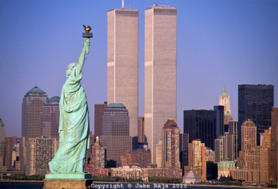 Statue of Liberty and Twin Towers, World Trade Center at Sunset, New York City, New Jersey, New York, designed Minoru Yamasaki