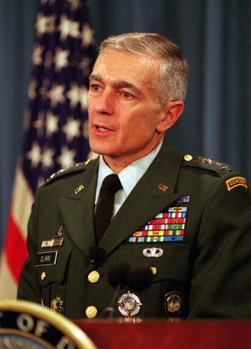 991209-D-9880W-022 Supreme Allied Commander Europe Gen. Wesley Clark, U.S. Army, briefs reporters on the status of the NATO-led, international peacekeeping operation in Bosnia and Herzegovina at the Pentagon on Dec. 9, 1999. The first U.S. peacekeepers entered the war-ravaged country five years ago this month in an effort to stop the ethnic killings and prevent further deterioration of the region's infrastructure. DoD photo by R. D. Ward. (Released)