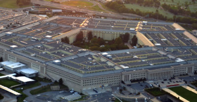 US pentagon building aerial view at sunset
